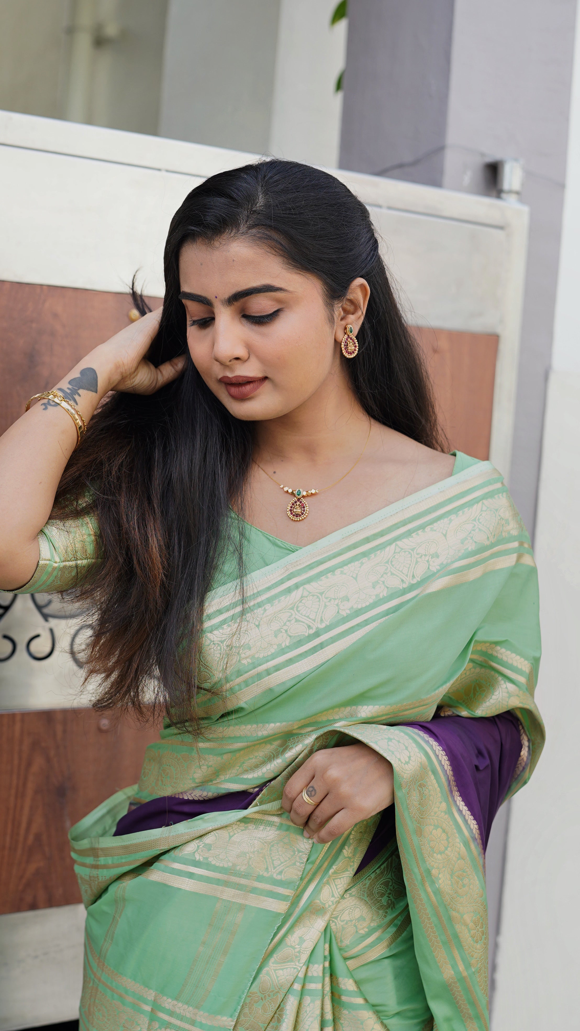 Mysore Semi Crepe Saree(Light green with dark purple colour) (CODE-033)