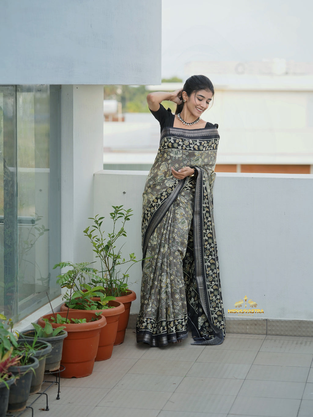 Black Kalamkari Print Saree (CODE-081)