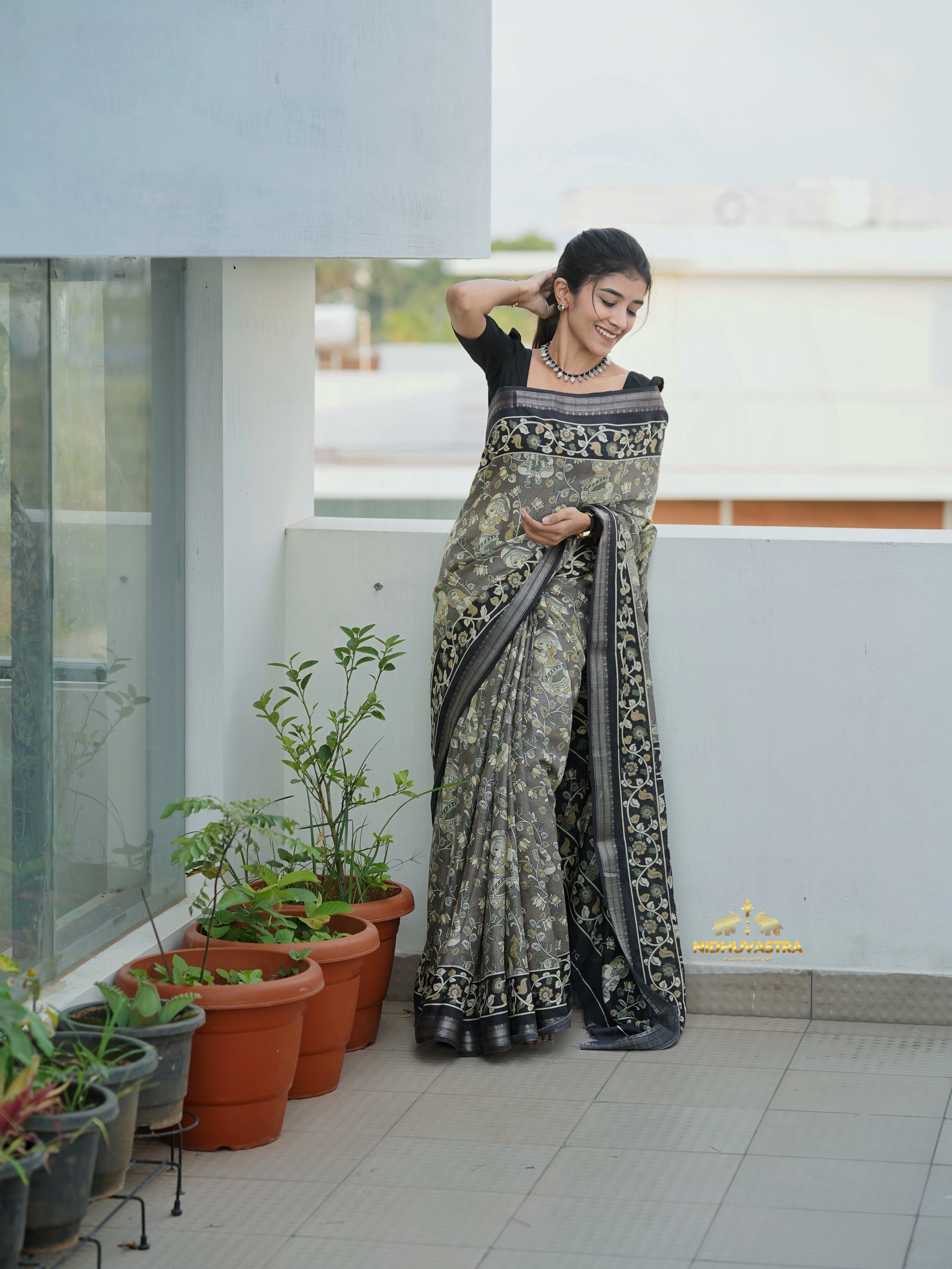 Black Kalamkari Print Saree (CODE-081)