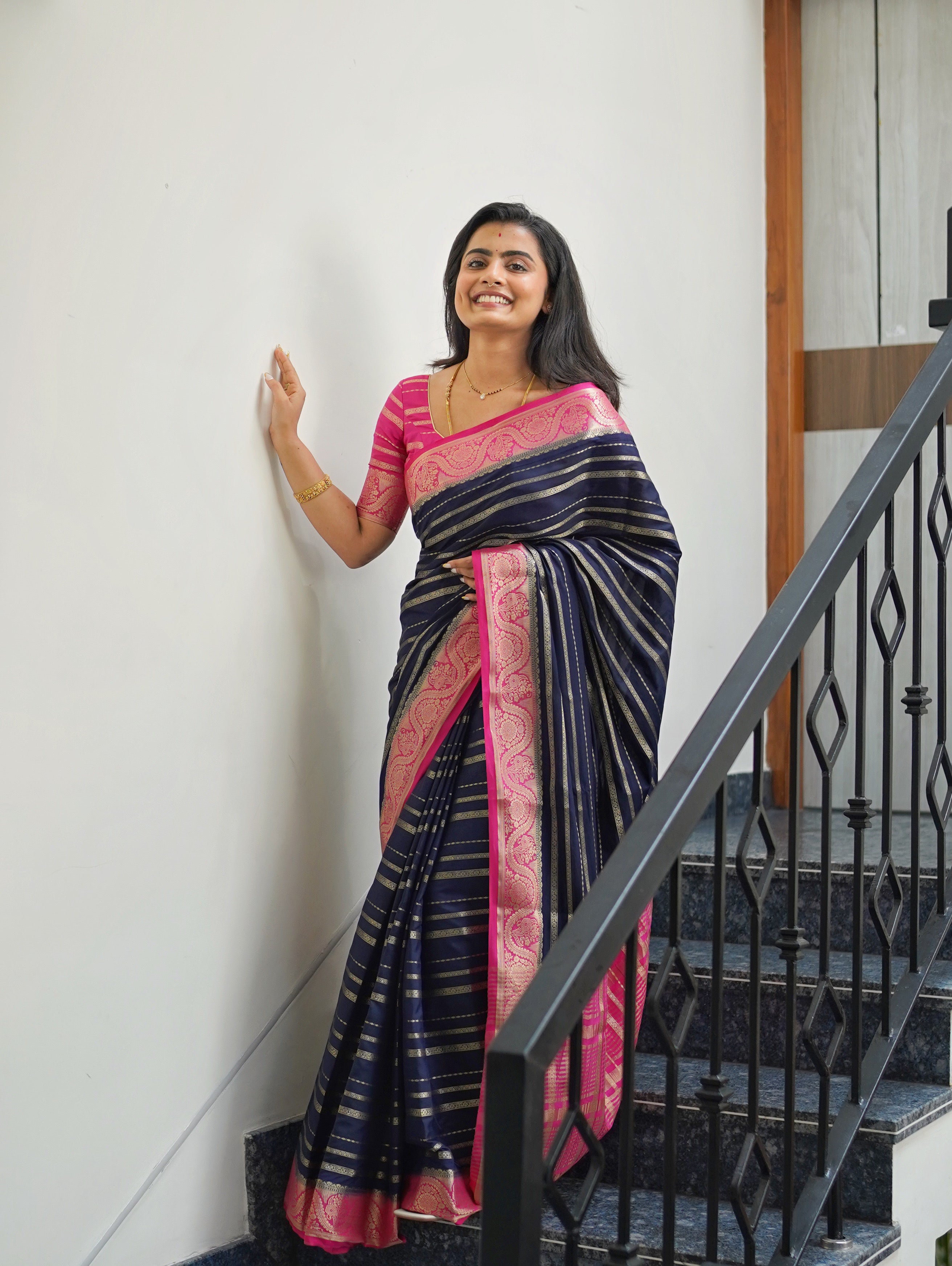Navy Blue Saree with Pink Borders And Blouse. Mysore Semi Crepe (CODE-044)