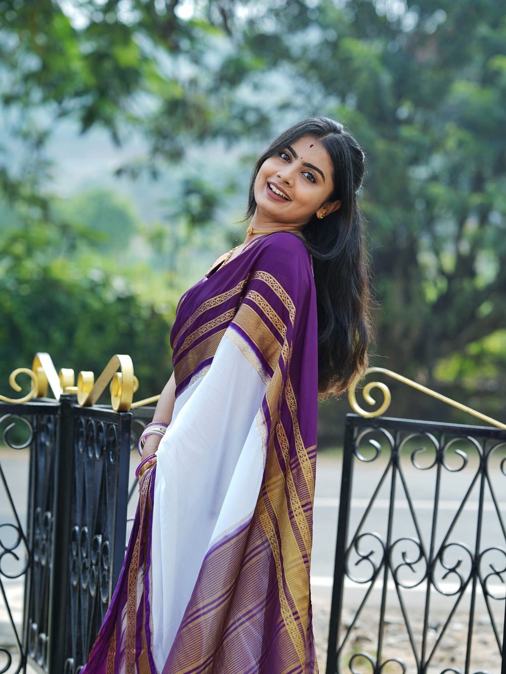 Mysore semi crêpe silk, white with a deep purple (royal purple) border (CODE-050)