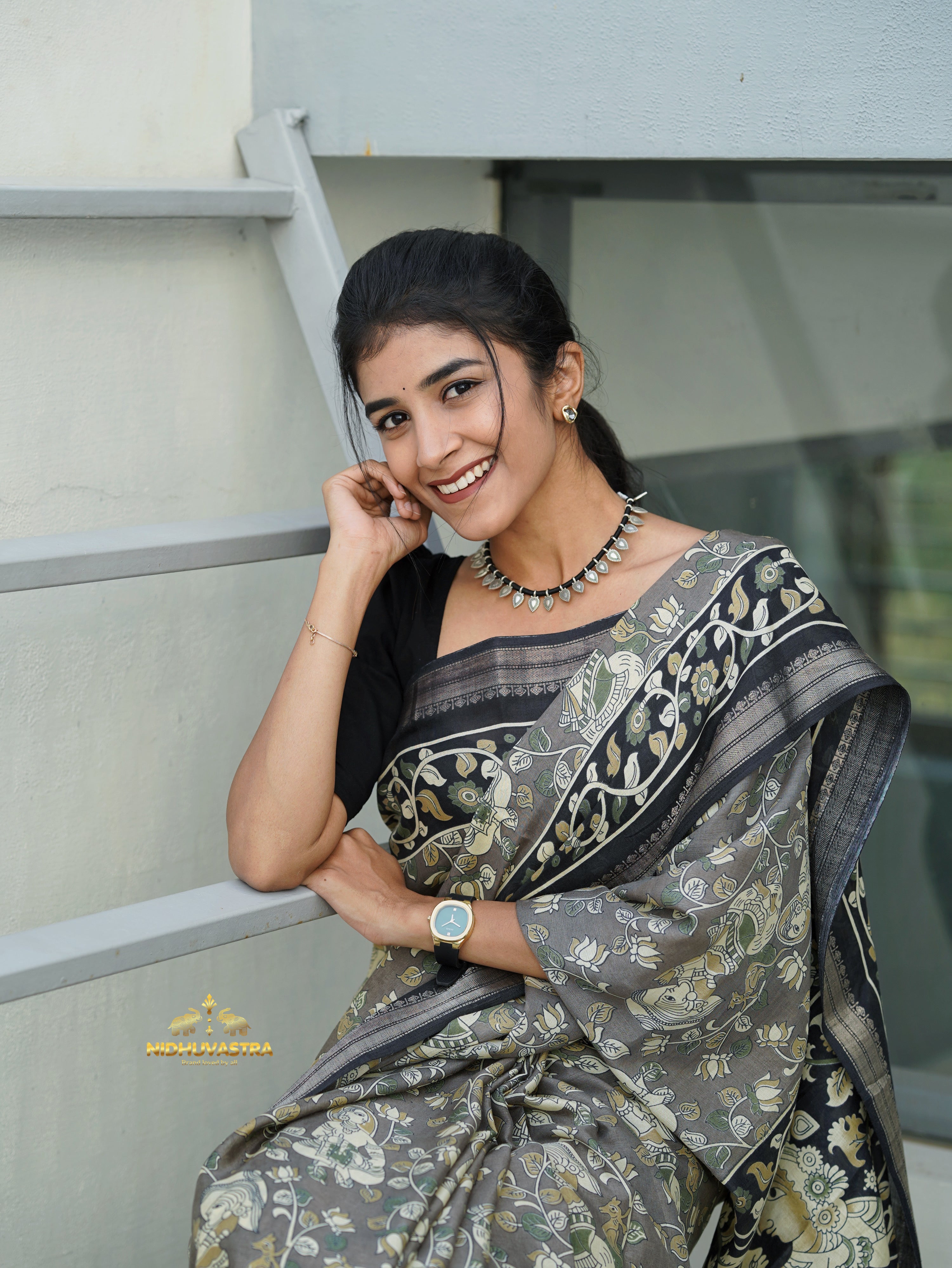 Black Kalamkari Print Saree (CODE-081)