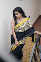 Yellow With Black Cotton Saree (CODE-028)
