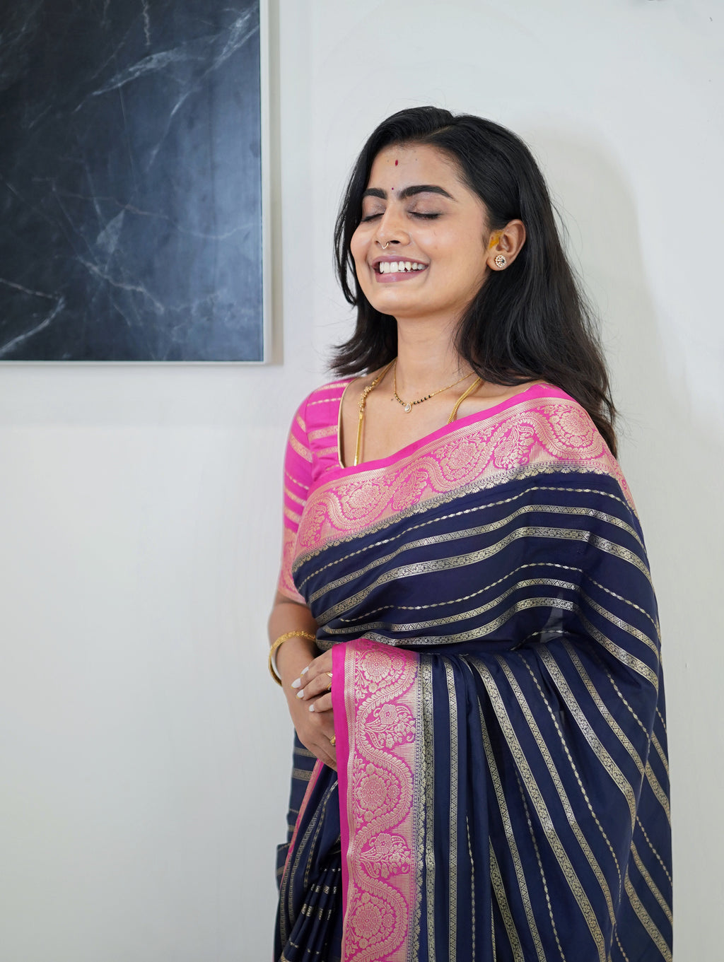 Navy Blue Saree with Pink Borders And Blouse. Mysore Semi Crepe (CODE-044)
