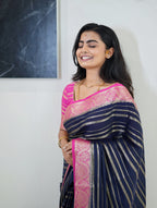 Navy Blue Saree with Pink Borders And Blouse. Mysore Semi Crepe (CODE-044)