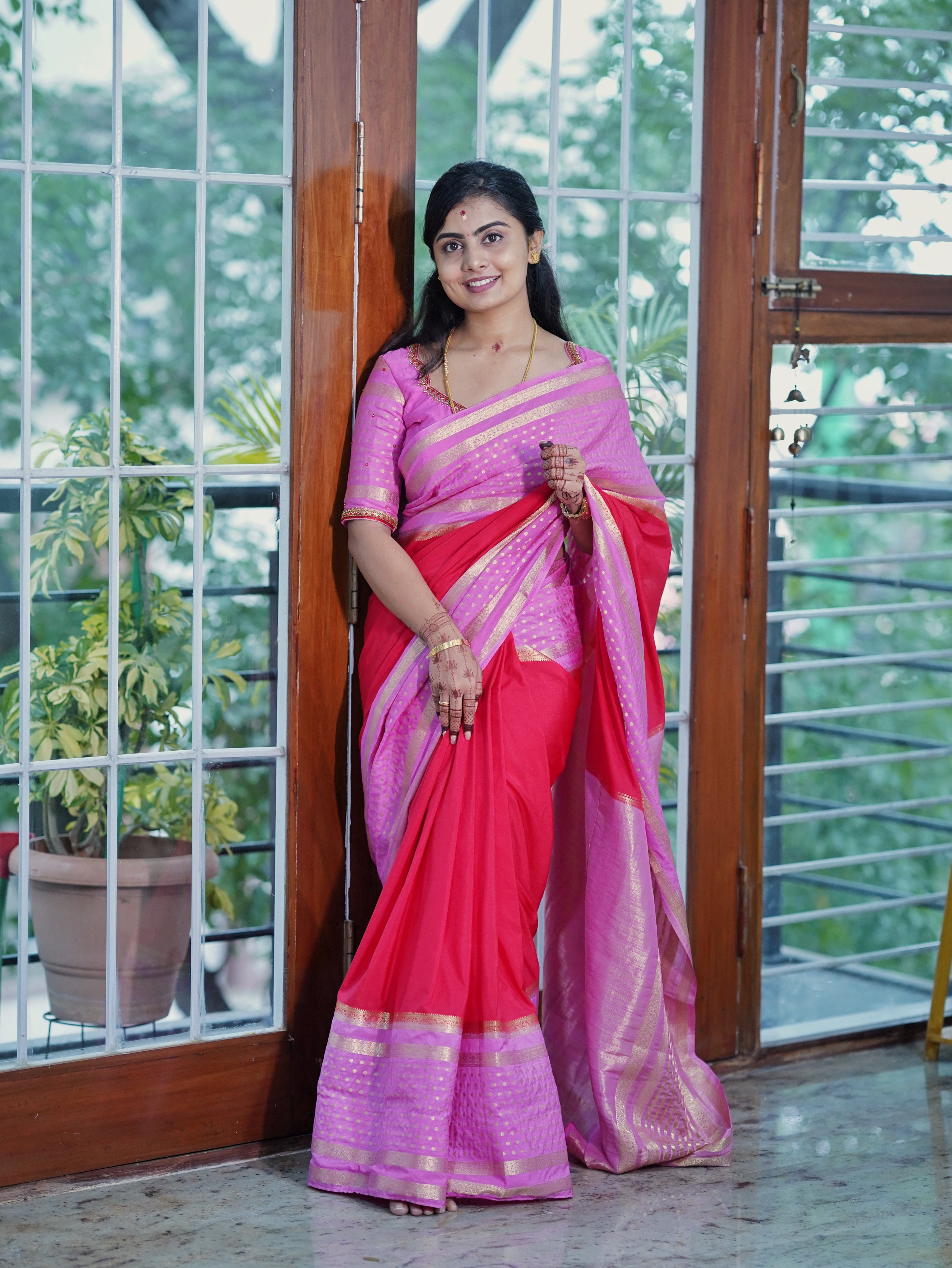 Premium Crepe Silk Saree (Pink with Red) (CODE-057)