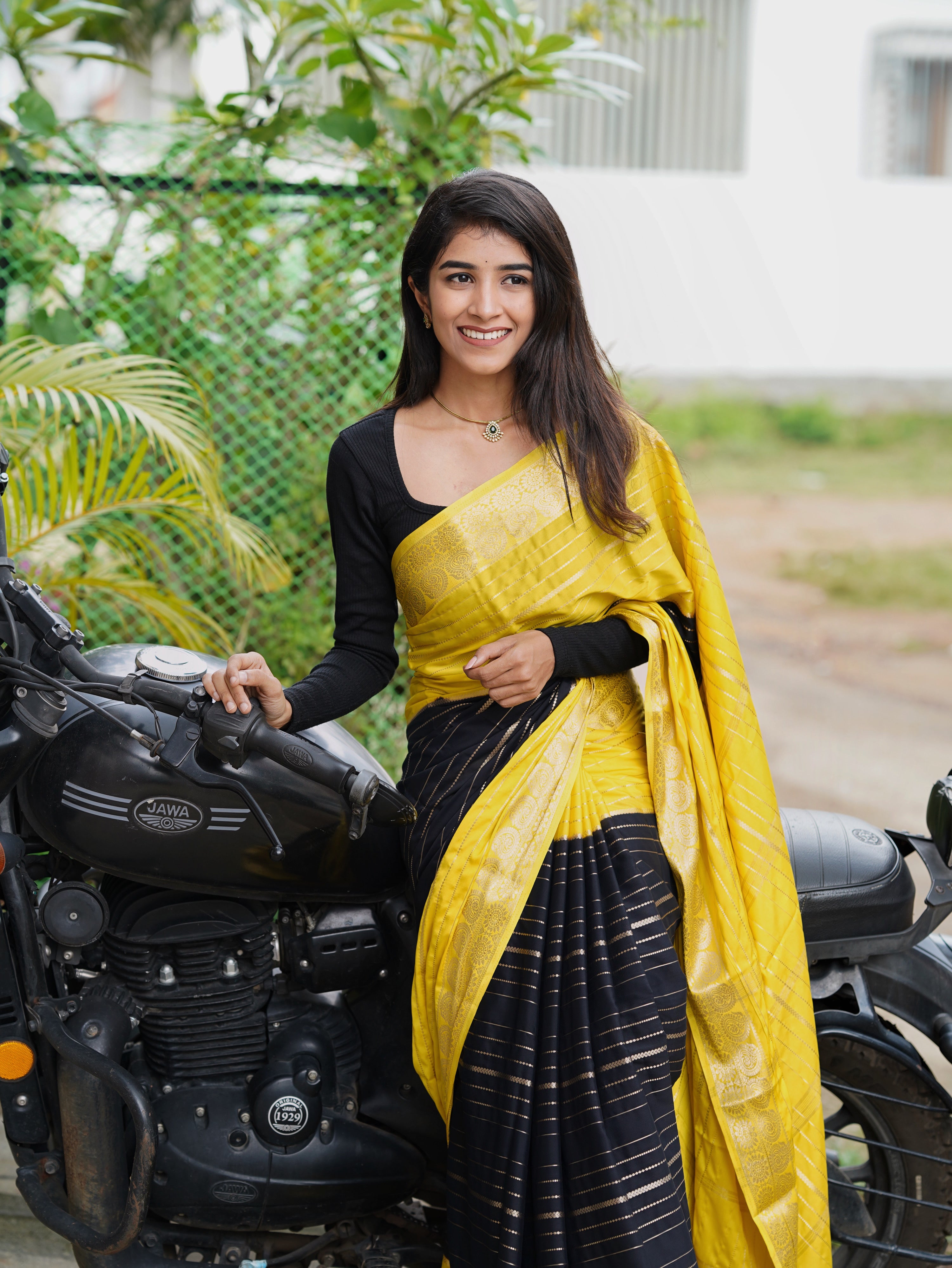 Mysore semi crêpe yellow with black premium quality (CODE-049)
