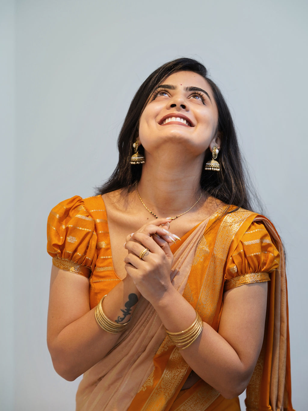 Mysore crepe saree (Peach beige with mustard colour) (CODE-047)