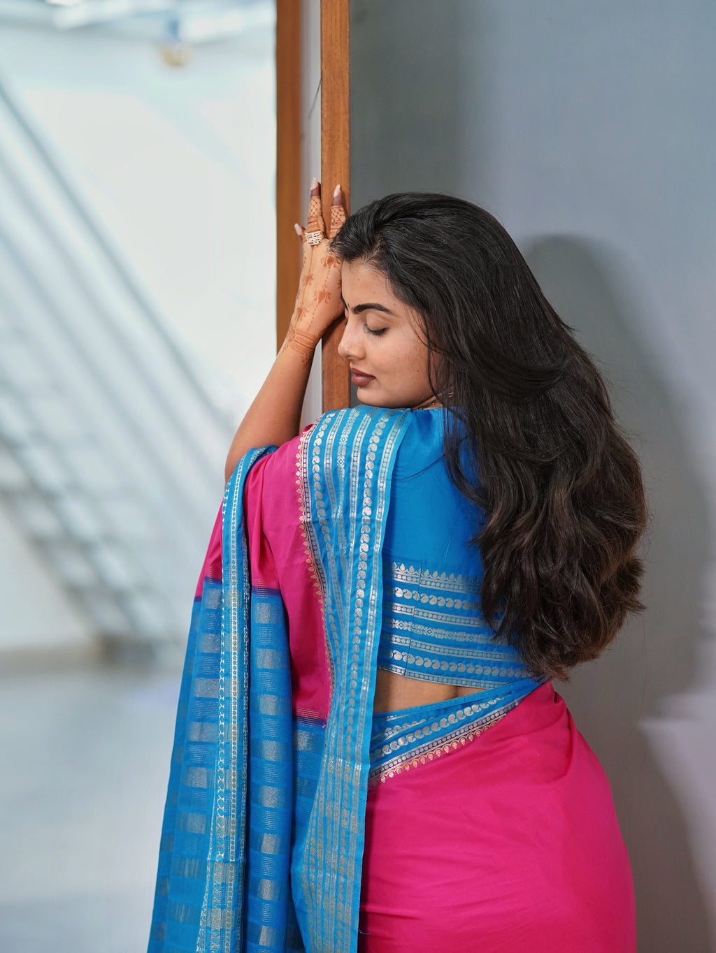 Mysore semi crepe silk saree (Rani pink with Sky blue) (CODE-056)