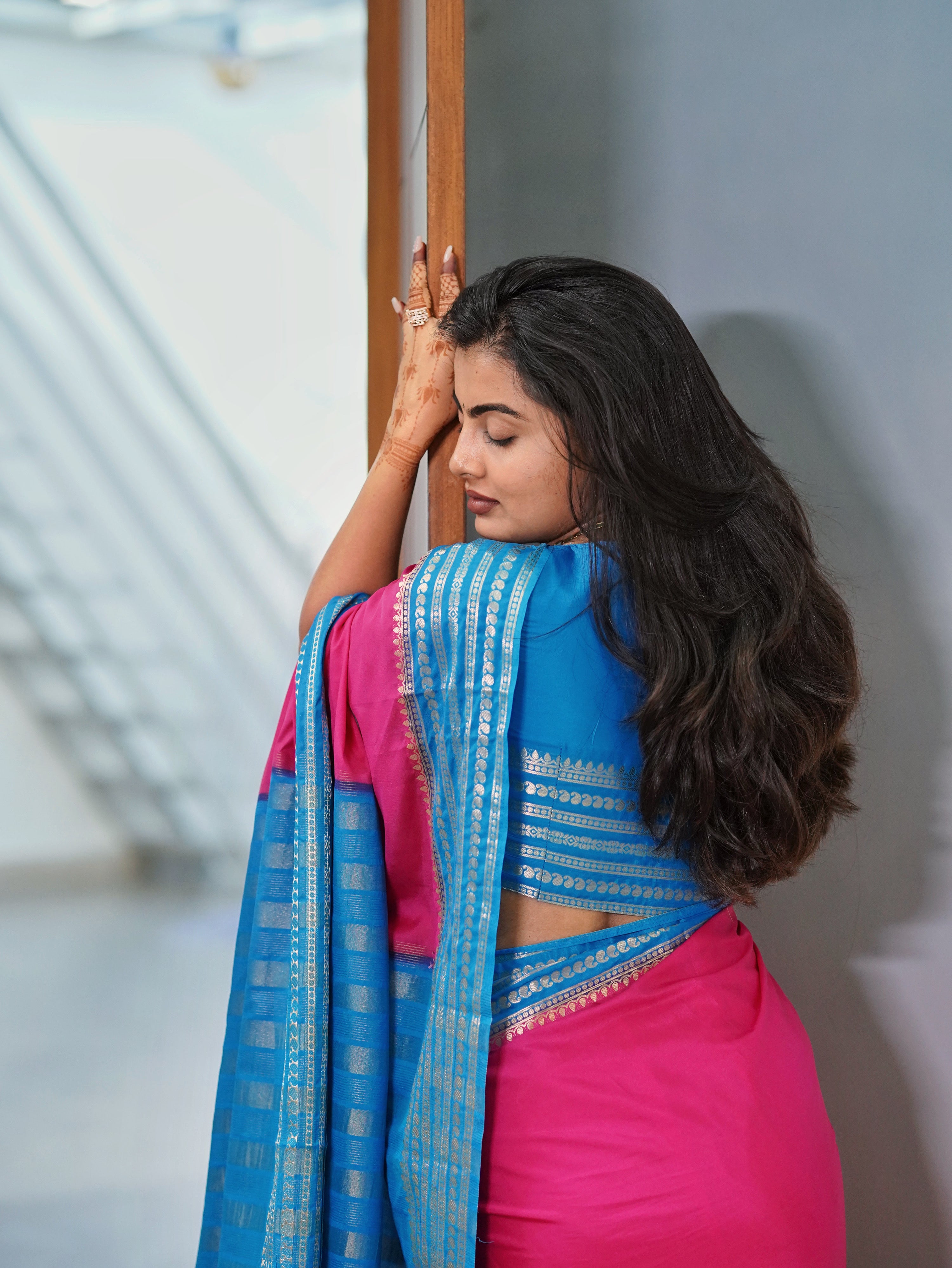 Mysore semi crepe silk saree (Rani pink with Sky blue) (CODE-056)