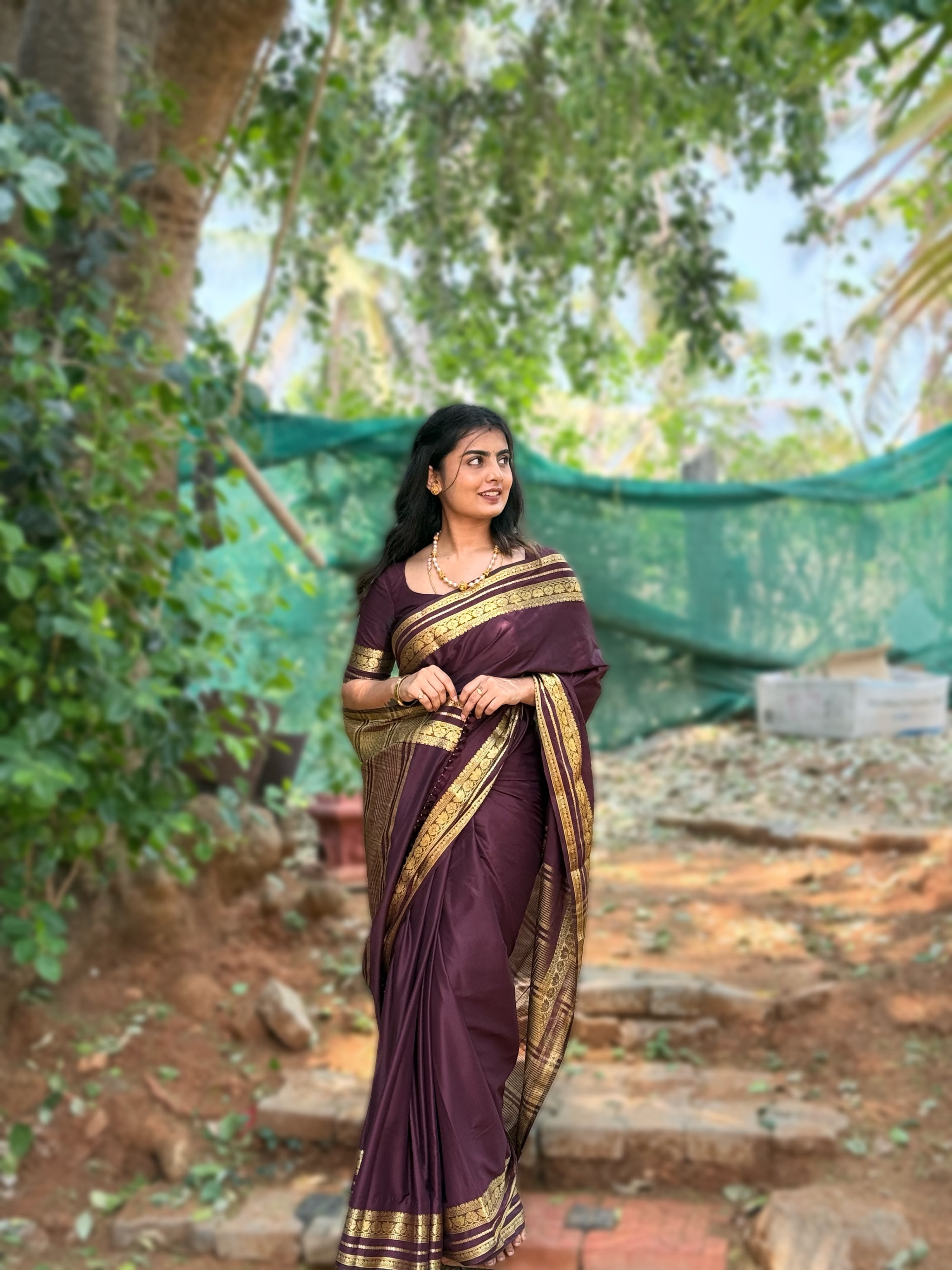 Chocolate Brown Crepe Silk Saree With Lotus Border (CODE-032)