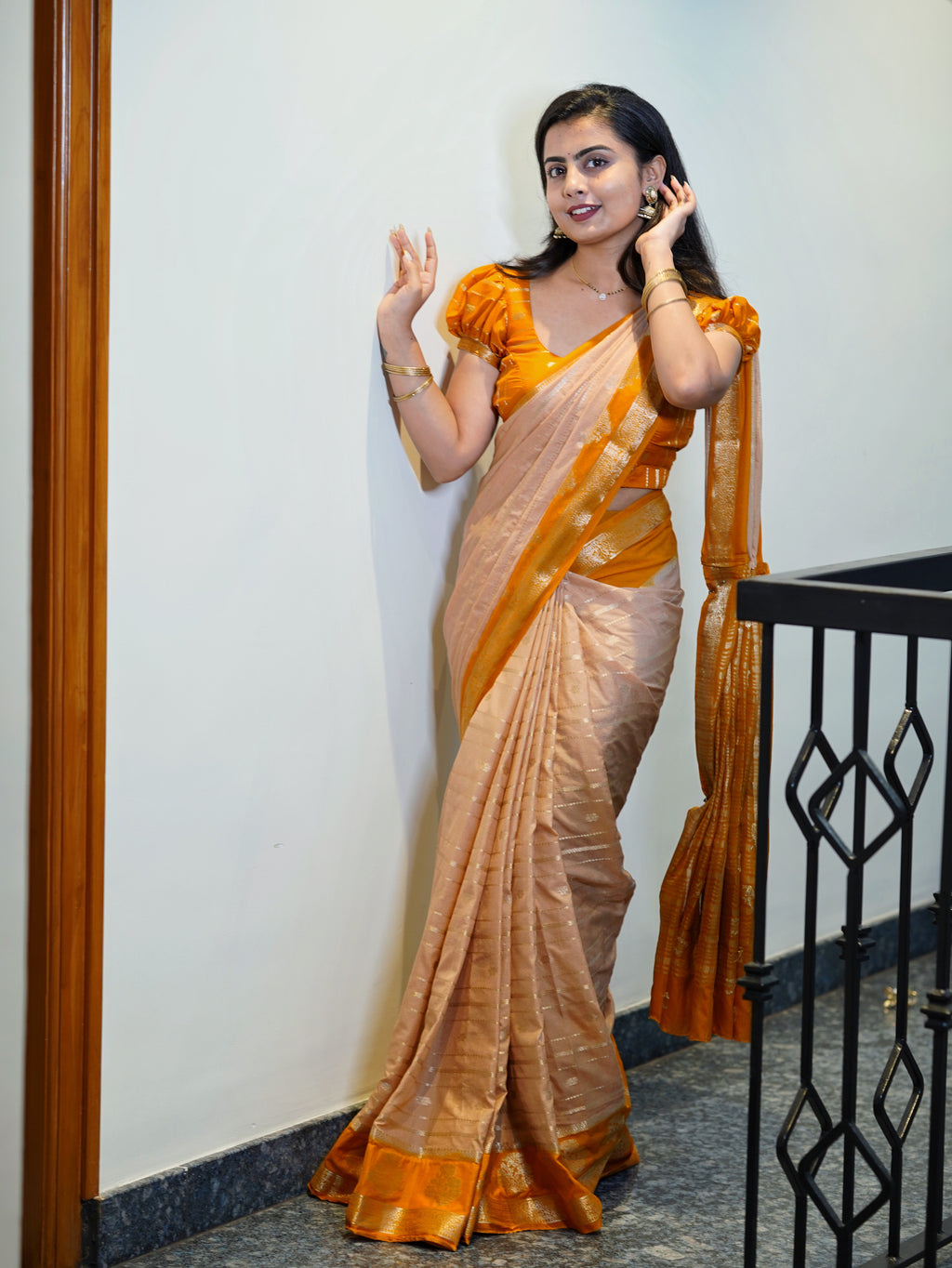Mysore crepe saree (Peach beige with mustard colour) (CODE-047)