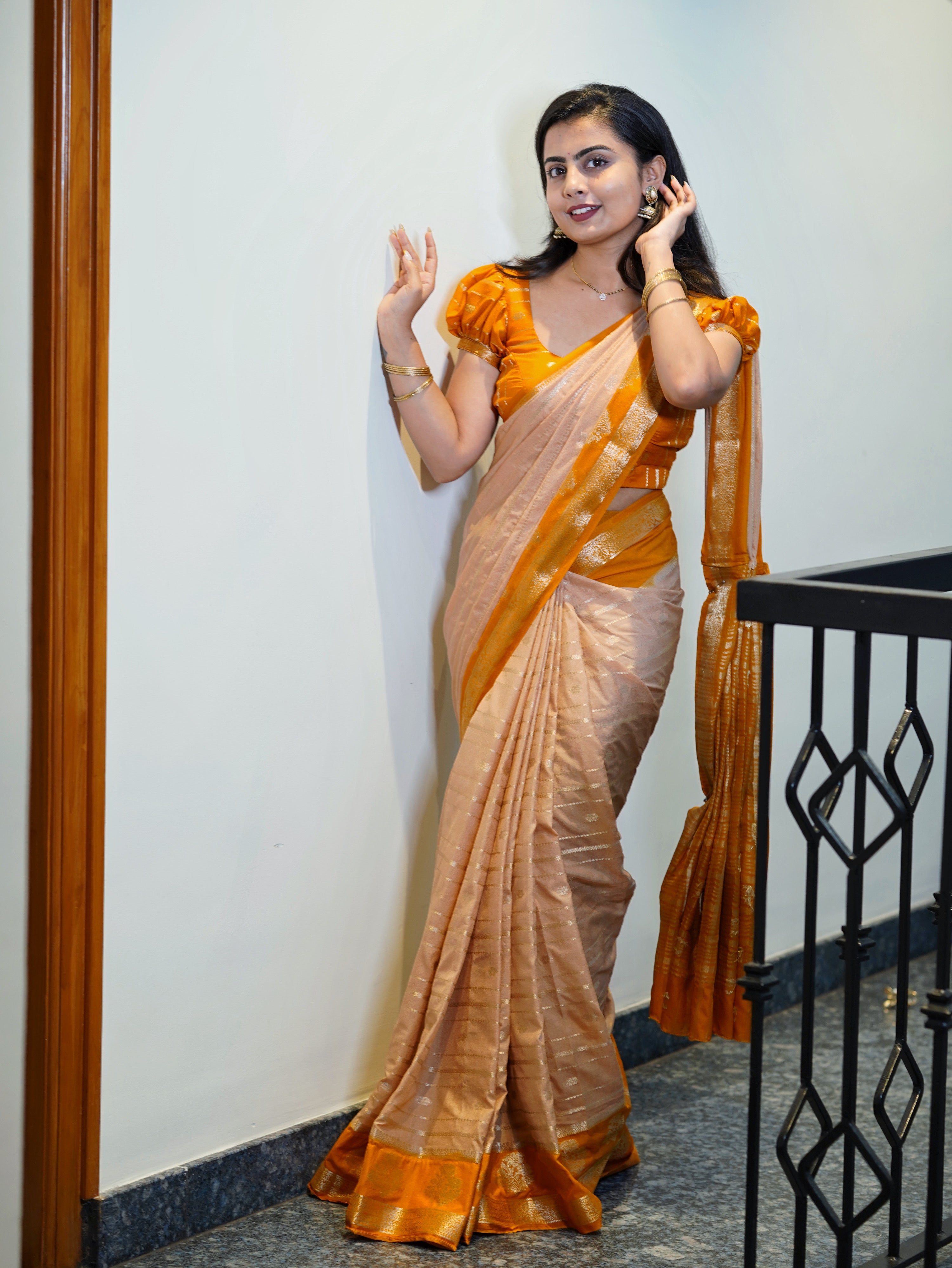 Mysore crepe saree (Peach beige with mustard colour) (CODE-047)