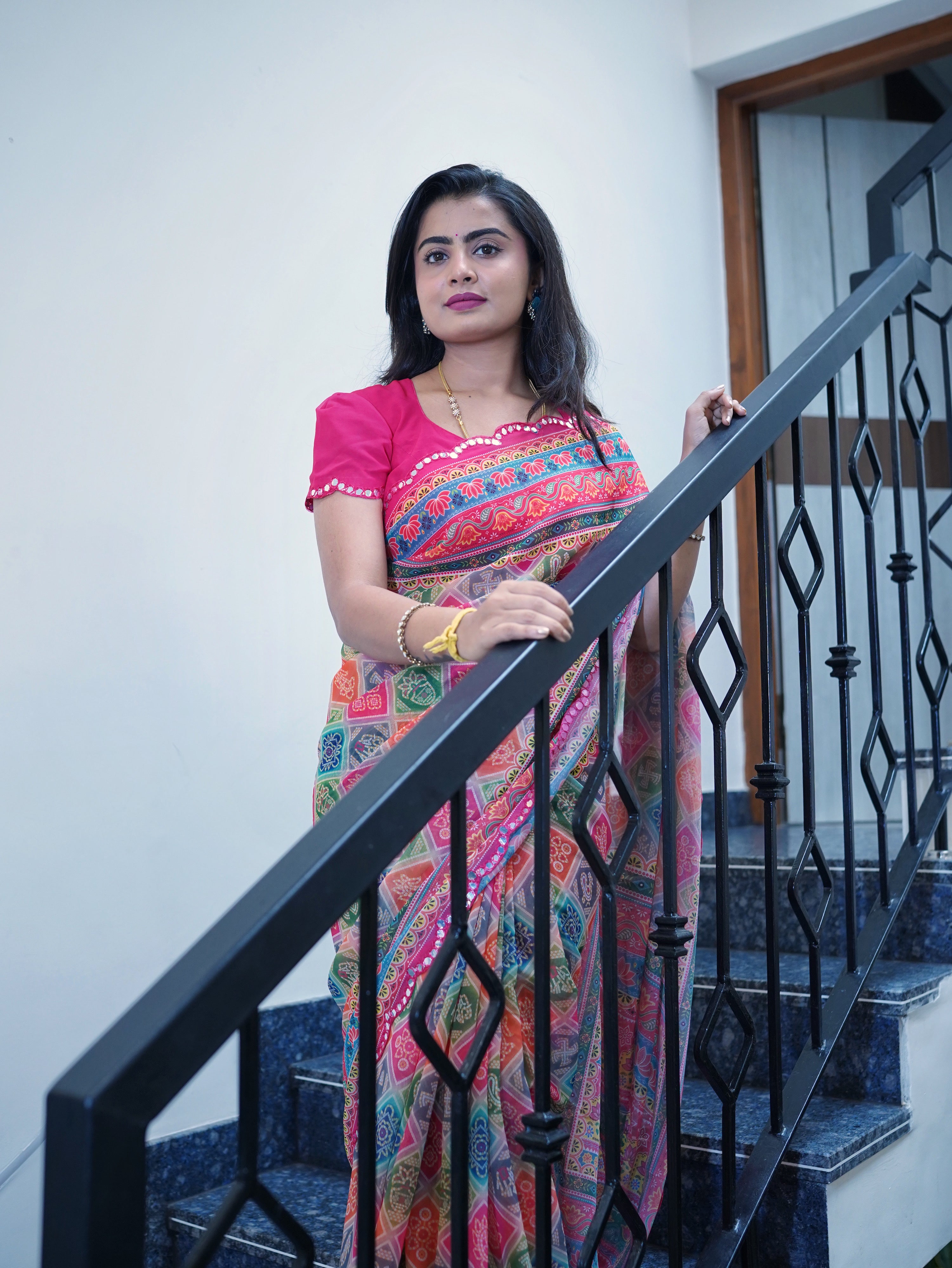 Multi color georgette saree with printed & mirror work with arco border (CODE-041)