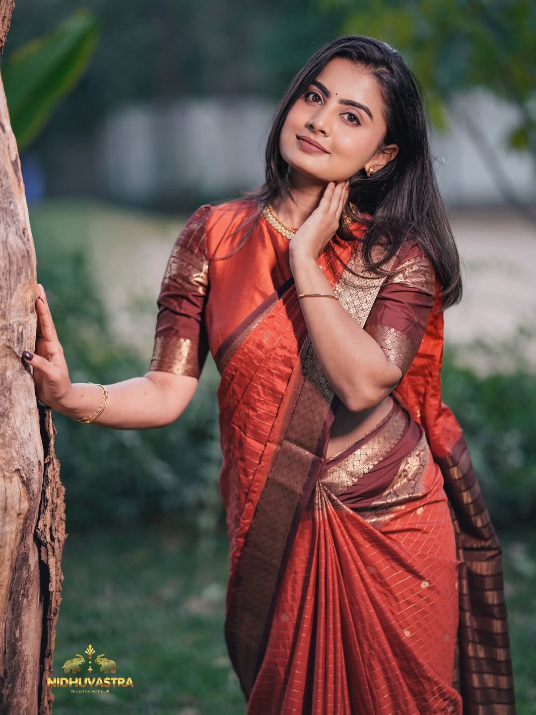 Rust Orange With Brown Semi  Crepe Silk Saree (CODE-070)