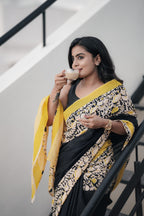 Yellow With Black Cotton Saree (CODE-028)