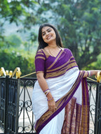 Mysore semi crêpe silk, white with a deep purple (royal purple) border (CODE-050)