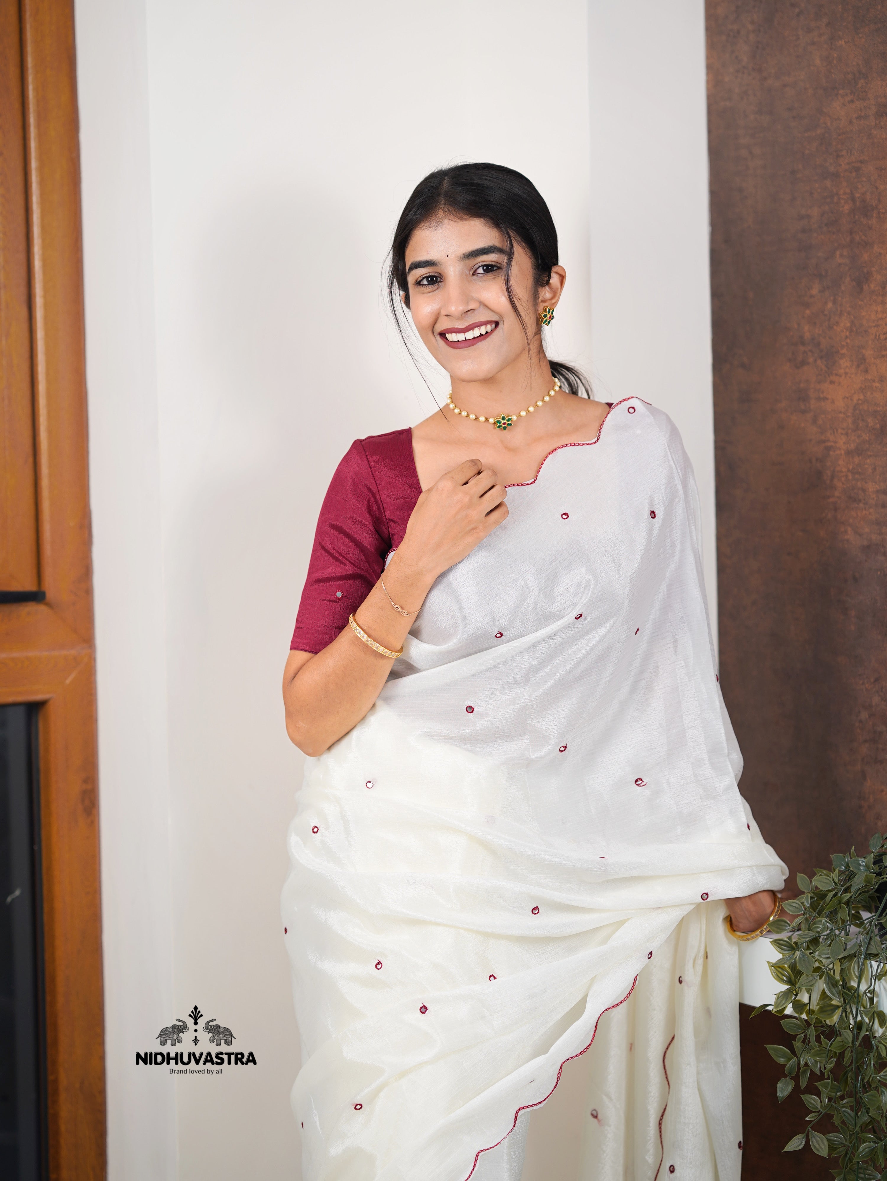Blood Red blouse with white fancy saree (CODE-085)