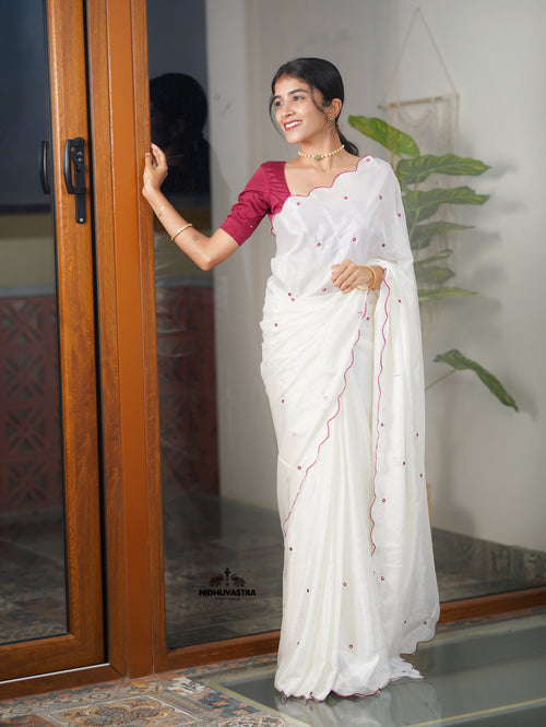 Blood Red blouse with white fancy saree (CODE-085)