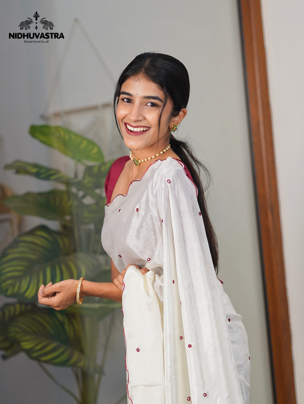 Blood Red blouse with white fancy saree (CODE-085)