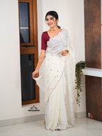 Blood Red blouse with white fancy saree (CODE-085)