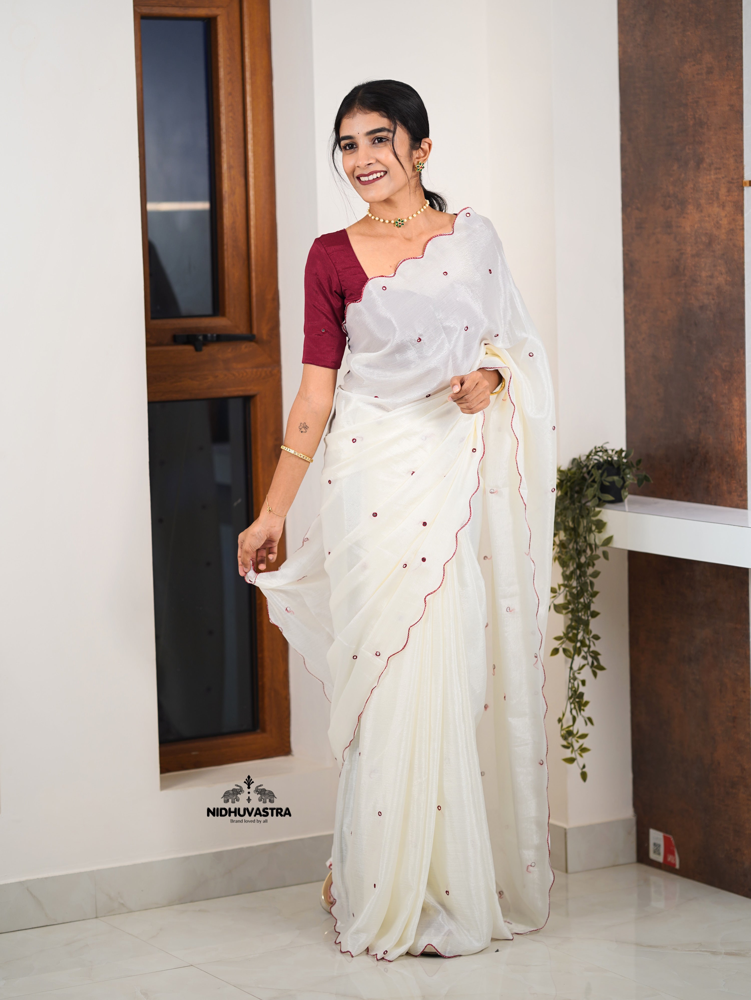 Blood Red blouse with white fancy saree (CODE-085)