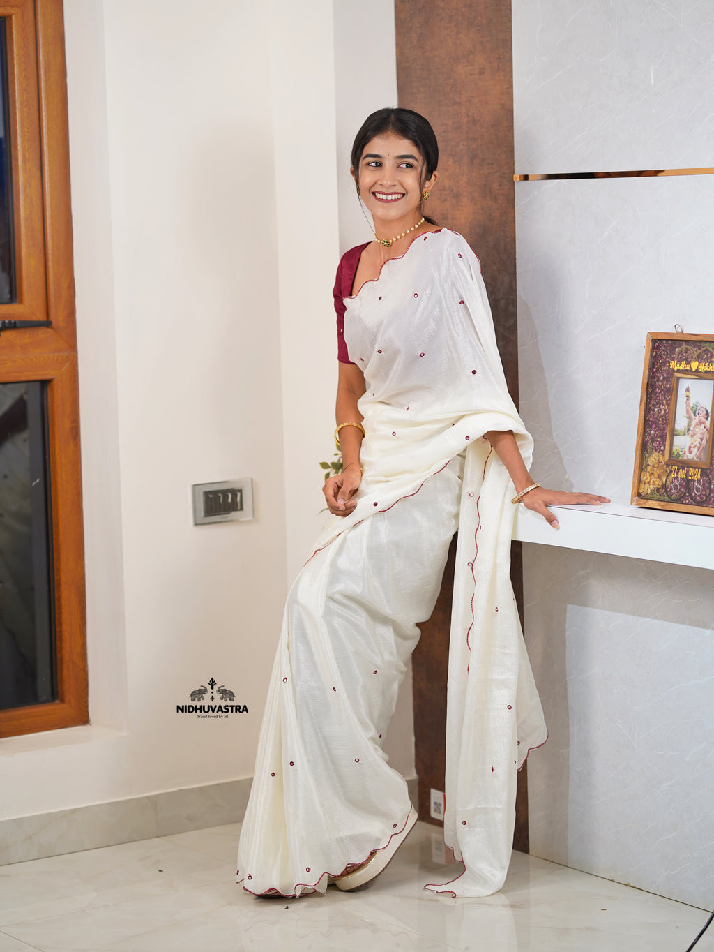 Blood Red blouse with white fancy saree (CODE-085)